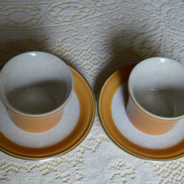 1970s Dura Stone Orange by Premier 2 Cups & Saucers, P9200 Japan, Orange/Ivory with Speckles, Saucers Orange/Green Rim, Clean, Replacements