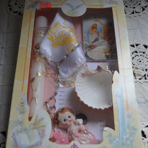 Vintage NIB Girls Complete Baptism Christening Gift Set English Remembrance Book/Candle/Rosary/Handkerchief/Baptismal Shell/Magnet/Cert