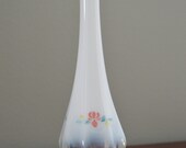 1980s Fenton Clear Opalescent White Glass Bud Vase Hand-Painted Peach Green Yellow Flowers Rare Art Glass Signed D. Barbour shabby cottage