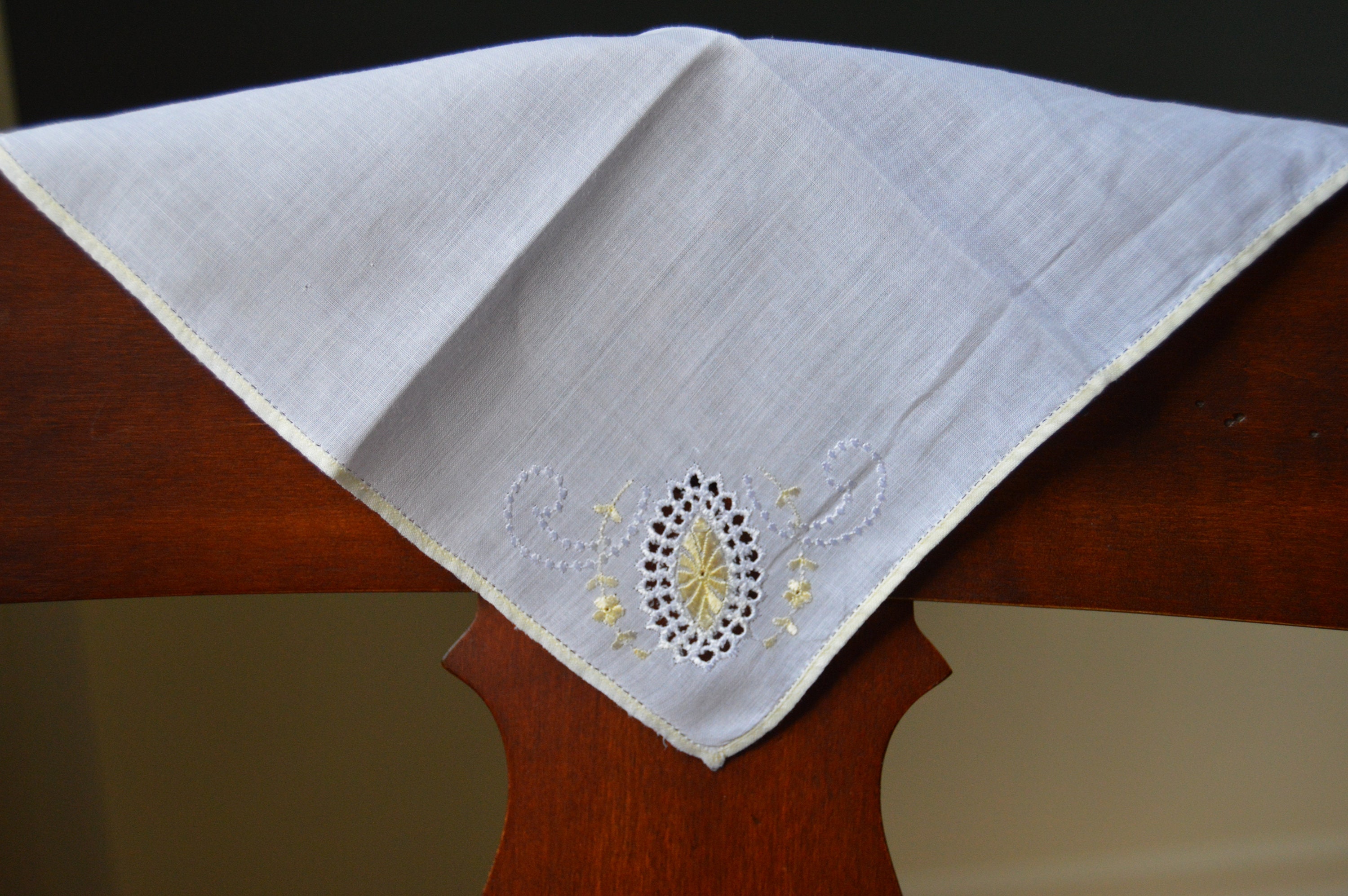 1950s White Cotton Handkerchief, Drawn Work, Yellow/white