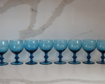 Midcentury Empoli Verdi Teal Blue Blown Glass, Made in Italy 2 Sets Each of 4 Wine Glasses Wafer Stems Excellent Vintage Condition 4-6 Fl Oz