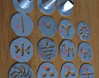 1950s-60s Mirro Cookie Press Disks Discs, Selling individually, 3 pastry filling tips, 13 cookie disks, aluminum