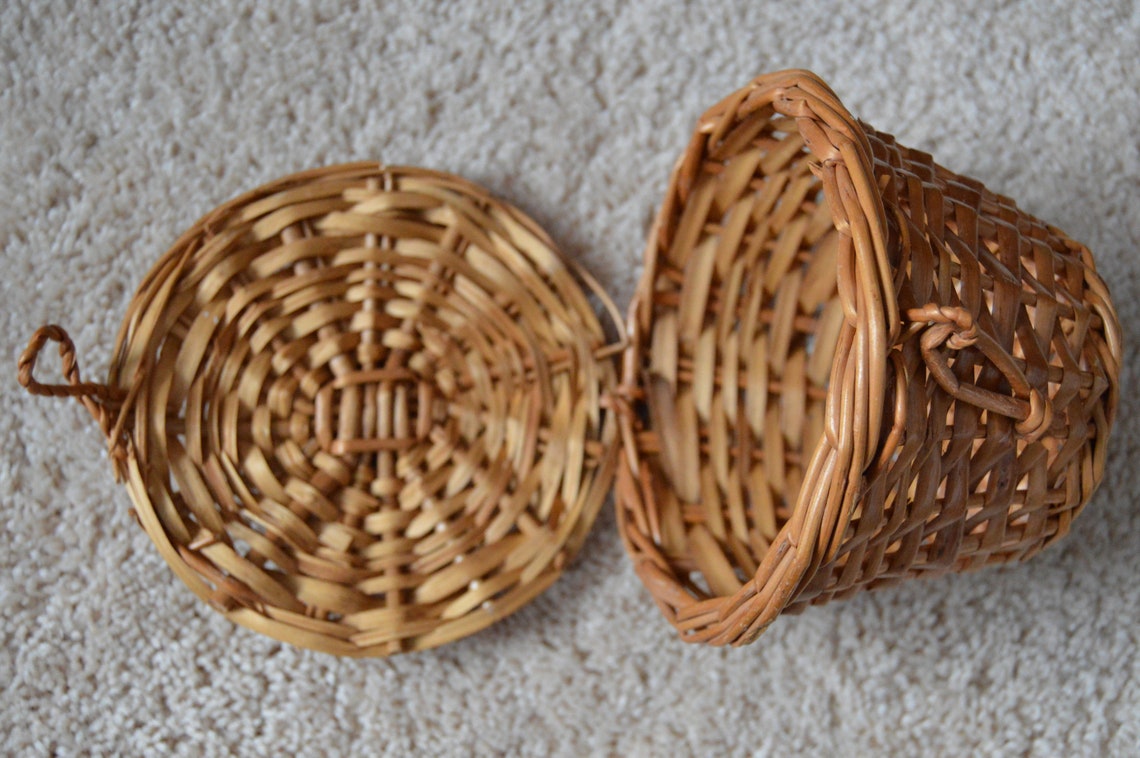 1960s Small Handwoven Wicker Basket with Attached Lid Closure Etsy