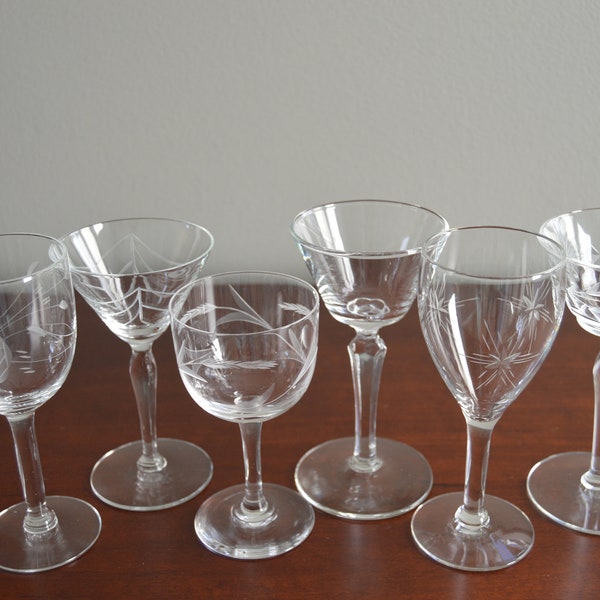 Six Vintage Curated Crystal Mismatched Cordial/Liqueur/Wine/Cocktail Glasses, Etched/Optic/Cut Crystal, Elegant Glassware 3-4 Fl Oz Each