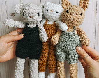 Crochet Dressy Besties, Crochet Cat, Crochet Bunny, Crochet Bear, Crocheted Play Plushie Dolls, Soft Stuffed Animals