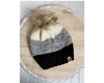 Color Block Knit Beanie With Faux Fur Pom | Knitted Winter Beanie | Knit Hat | Winter Hat For Women | Boho Hat | Adult Beanie | | KMM