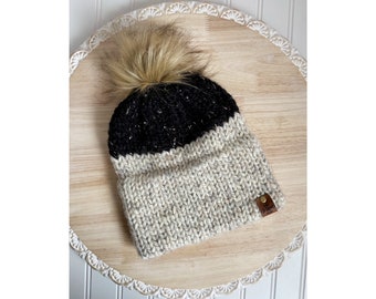 Color Block Double Brim Knit Beanie With Faux Fur Pom | Knitted Winter Beanie | Knit Hat | Winter Hat For Women | Adult Beanie | | KMM