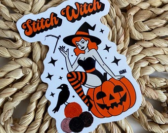 Stitch Witch Vintage Halloween Vinyl Sticker, Crocheters Knitters Gift