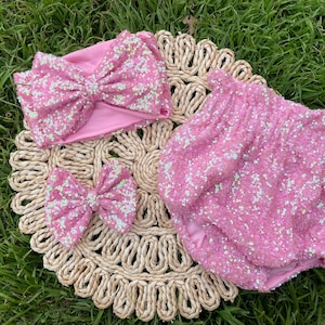Baby Girl, Light Pink Sequin Bloomers, Bubble Gum Pink Sequin Bloomers, Birthday Outfit