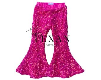 Hot Pink Sequin Bell Bottoms, Toddler Bell Bottoms, Birthday Sparkle Pants, Pink Birthday Outfit