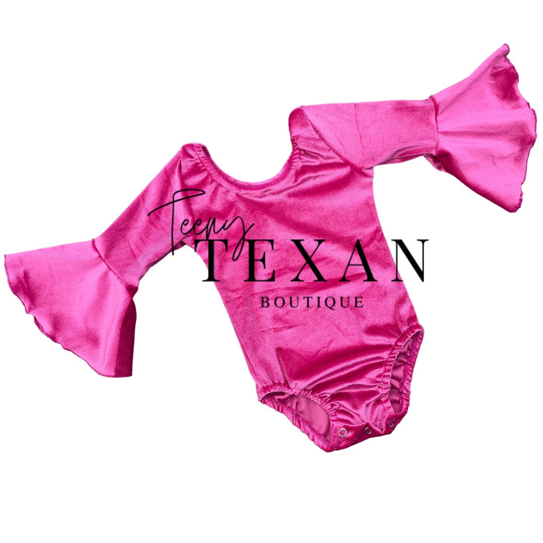 Baby, Toddler, Girls Hot Pink Velvet Long Bell Sleeve Leotard, Birthday Leotard, Hot Pink Bodysuit, Pink Gymnastics Leotard