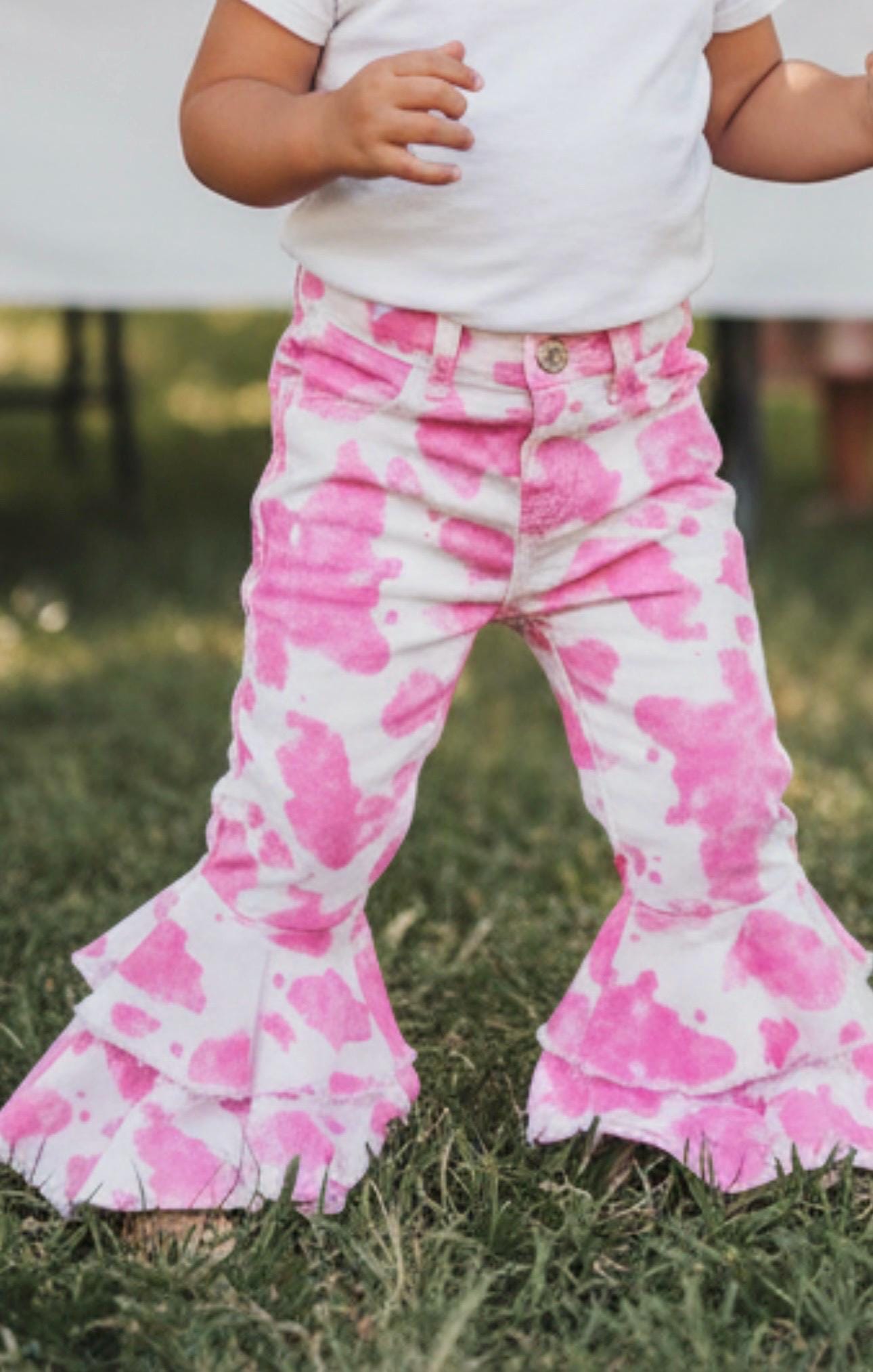 Kids Pink Cowprint Double Flare Rodeo Bell Bottom Jeans