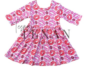 Valentine Dress, Valentines Day Kisses Dress, 3/4 Sleeve Valentine Lips Twirl Dress, Toddler Girls Dress