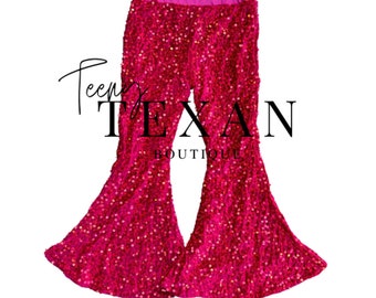 Hot Pink Sequin Bell Bottoms, Toddler Bell Bottoms, Birthday Sparkle Pants, Pink Birthday Outfit
