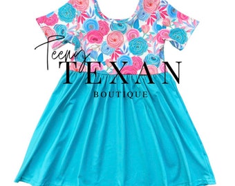 Kids, Back To School Dress, Turquoise Short Sleeve Floral Summer Twirl Dress