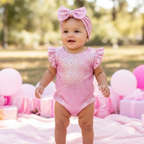 Girls Light Pink Sequin Leotard, Sequin Romper, 1st Birthday Leotard, Sequin Romper, Pink Sequin Bow