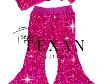 Hot Pink Sequin Bell Bottoms, Toddler Bell Bottoms, Birthday Sparkle Pants, Pink Birthday Outfit