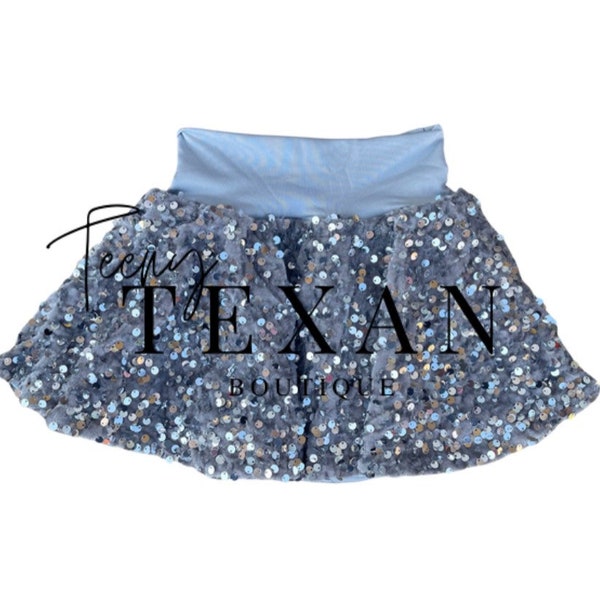 Girls Silver Sequin Twirl Skirt, Sparkle Skirt, Kids Birthday Outfit, Silver Sequin Skort