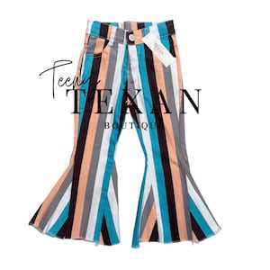 Kids Western Rodeo Multi Stripe Turquoise Bell Bottom Flare Jeans