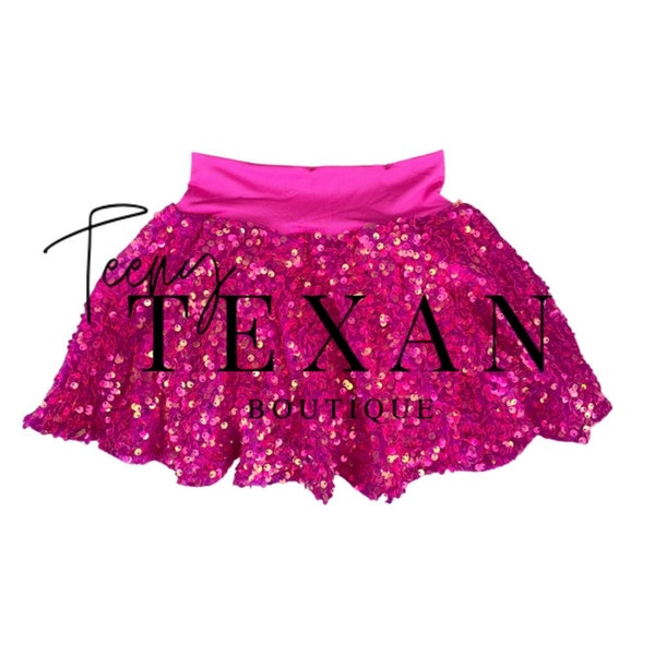 Girls Hot Pink Sequin Twirl Skirt, Sparkle Skirt, Kids Birthday Outfit, Pink Sequin Skort