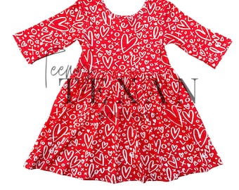 Valentine Dress, Red Heart Valentines Day Dress, 3/4 Sleeve Valentine Love Twirl Dress, Toddler Girls Dress