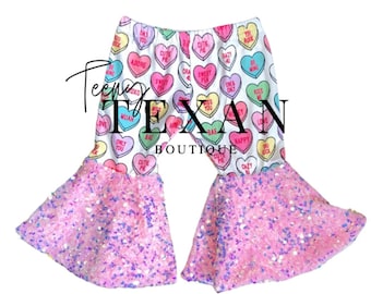 Valentines Hearts Sequin Bell Bottoms, Pink Sequin Bell Bottoms Pants, Flare Leggings