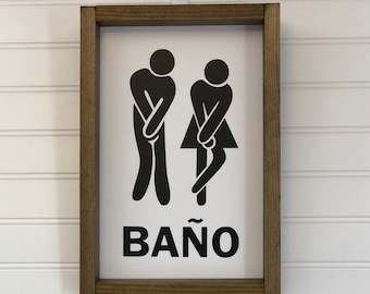 Baño | Funny Spanish Bathroom Sign | Rustic Farmhouse wood sign with characters. | 8" x 12" Bathroom door sign bano | bathroom decor