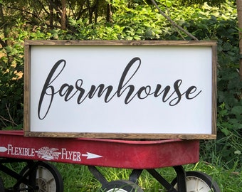 Rustic Farmhouse style sign, The word farmhouse in cursive font.  12" x 24" or 18" x 36" or 24" x 48" Family gift idea for kitchen