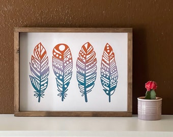 Painted four feathers wood sign, 3 color fade, Aztec wall art, Native decor, beautiful wood frame.