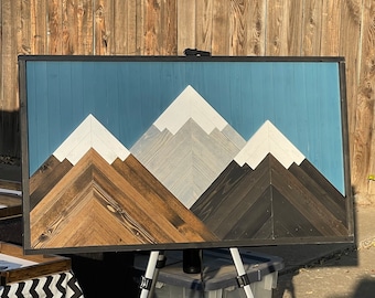 Large rustic wood mountain wall art with twilight sky. Hand crafted from reclaimed wood by Tiny Farm Designs.  Geometric Cabin decor.
