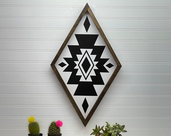 Aztec Diamond Sign, Wood Wall Art, Eclectic Decor, Geometric Design Boho Decor, Farmhouse Style , Tribal Wall Art, Bohemian sign, 3 Sizes.