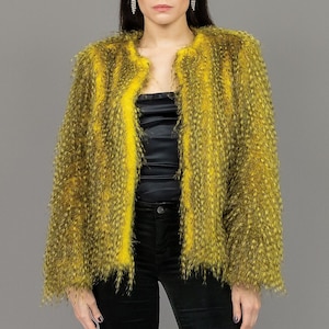 00s Yellow Faux Fur Coat Size Small Animal Print Long Sleeve Jacket Faux Fur Shaggy Coat Fuzzy Oversized Coat Y2k Short Coat