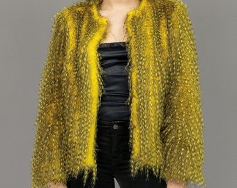 00s Yellow Faux Fur Coat Size Small Animal Print Long Sleeve Jacket Faux Fur Shaggy Coat Fuzzy Oversized Coat Y2k Short Coat