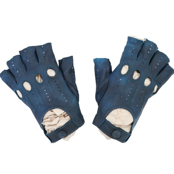 navy blue leather fingerless driving gloves, size xsmall gloves leather gloves, vintage leather gloves y2k gloves, biker gloves, moto gloves