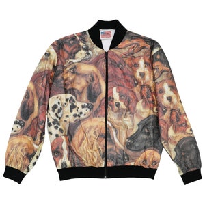 May include: A black zippered bomber jacket with a full-color print of various dog breeds. The jacket has a black ribbed collar, cuffs, and waistband.