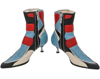 rare y2k red & blue club kid moto pointed boots, size 37 boots, kitten heel boots, pointed boots, leather boots, y2k boots, 90s boots, y2k