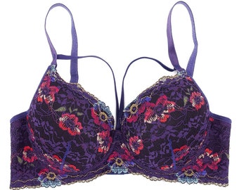 purple floral lace demi bra, size medium bra, size 36c bra, purple lingerie, purple bra, vintage lace lingerie, wedding lingerie, floral bra
