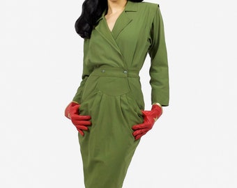 Women’s Military Green Pencil Dress Size Small Slim Fit Trendy Office Chic Style Fall Pencil Dress Long Sleeve Casual Short Holiday Dress