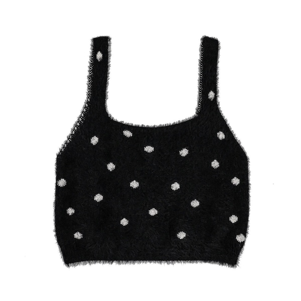 cotton fuzzy black and white cropped tank top size large crop tank top fuzzy top polka dot print top crop top large tops crop top for women