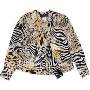 90s Y2K Silk Zebra Leopard Long Sleeve Blouse Size Medium Long Sleeve Formal Evening Blouse Work Office Top V Neck Animal Print Blouse