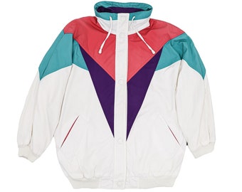vintage 80s white windbreaker jacket, size medium jacket, 80s windbreaker, vintage windbreaker, 80s jacket, fall jackets, ski jackets, white