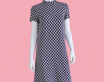 Vintage 60s Mod Plum Purple Checkered Wool Dress Size Medium Shift Dress Spring clothing dresses for women shift dress secretary knee length