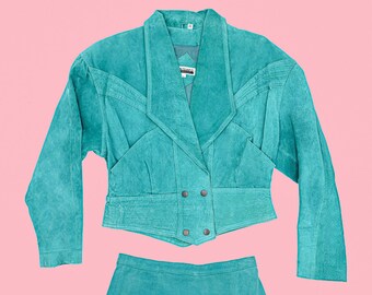 80s Teal Western Suede Matching Suit Size XSmall - Small Western leather jacket 1980s Padded Cropped Jacket High waisted mini skirt