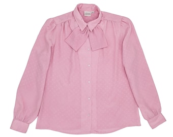 00s Pink Bow Tie Polka Dot Long Sleeve Blouse Size Medium Long Puff Sleeve Blouse  Button Down Shirt Collared Formal Evening Blouse Work Top