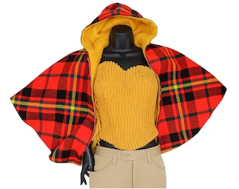 vintage 70s mod red plaid gold hoodie cape size small vintage coats plaid coat plaid cape hoodie cape 70s tops red plaid top coat for dress