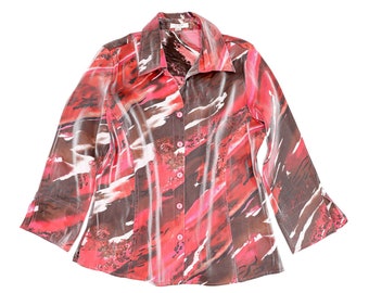 90s Red & Pink Abstract Shimmer Blouse - Size Medium