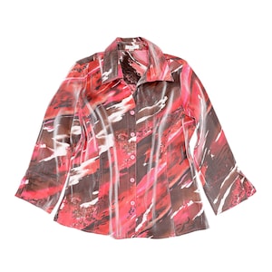 90er Jahre Rot & Pink Abstrakt Schimmer Bluse Größe Medium Kragen Button Down Shirt Langarm Top Sommer Leicht Bluse Arbeit Büro Top