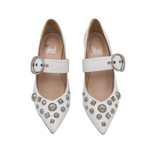 White Studded Pointed Kitten Heel Pumps Size 38 Bridal Low Heel Pumps Pointed Toe Pumps Mary Jane Pumps Low Stiletto Heel Leather Pumps
