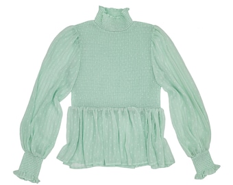 Boho Mint Scrunchy Blusa de manga larga obispo Tamaño pequeño Boho Chic Flowy Top Manga larga Blusa de manga obispo Blusa de volantes de cuello alto