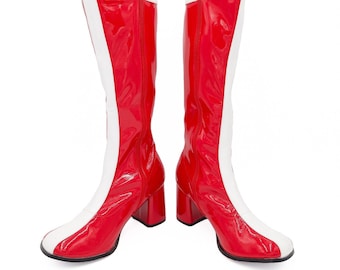 red go go boots, size 5 boots, disco boots, costume boots, coachella boots, platform boots, wonder women boots, red boots, knee high boots